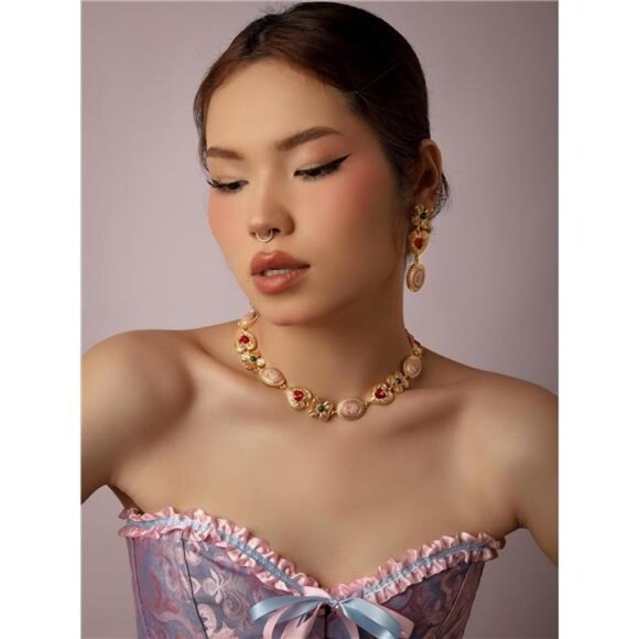 Colorful Byzantine-Inspired Dangle Earrings | Cameo Heart Flower Statement Drops - Picture 2 of 8